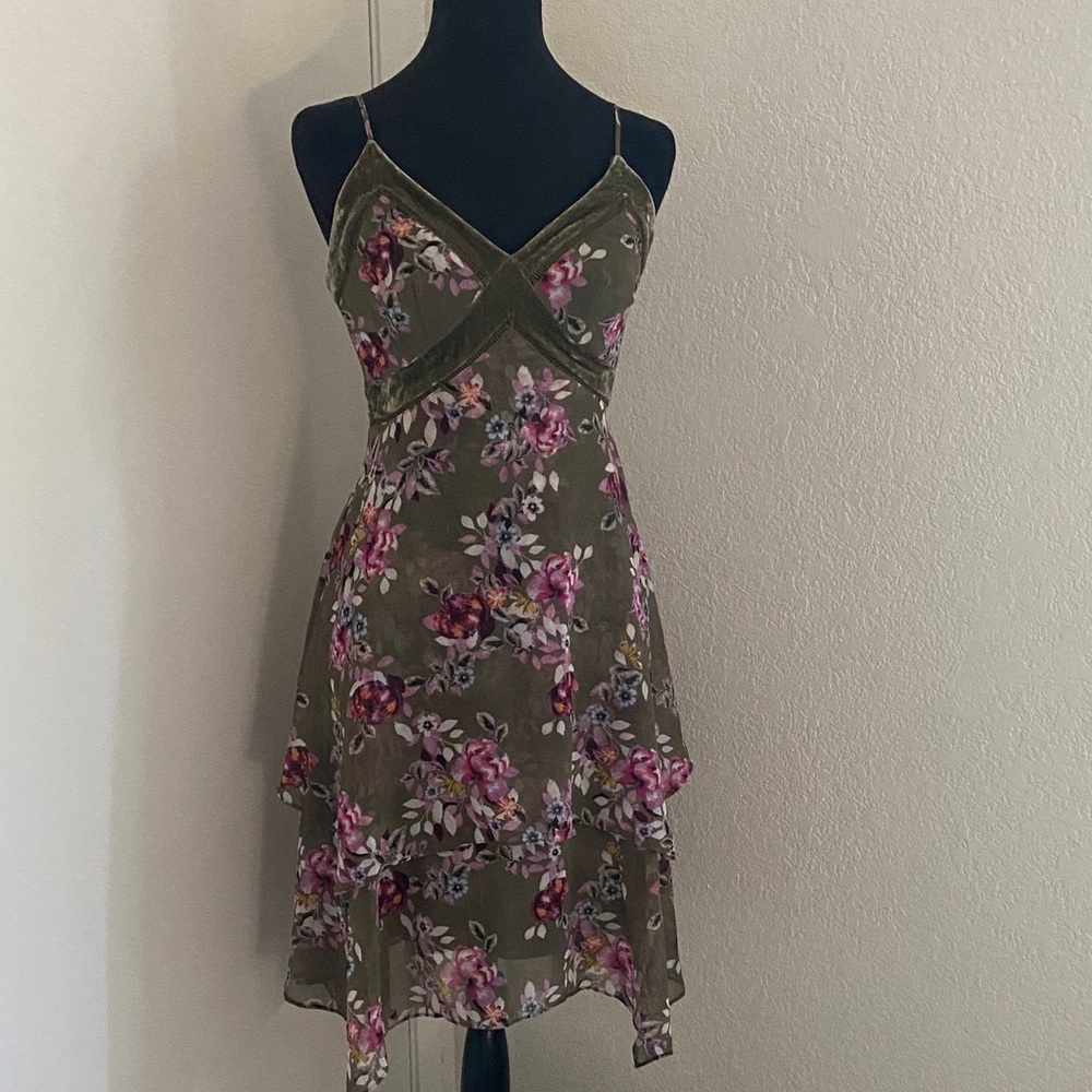 White House Black Market Olive Floral High Low Dress